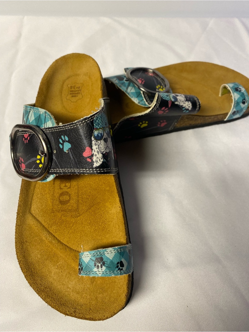 Women’s Black Sandals with Teal Paw-Print Accents